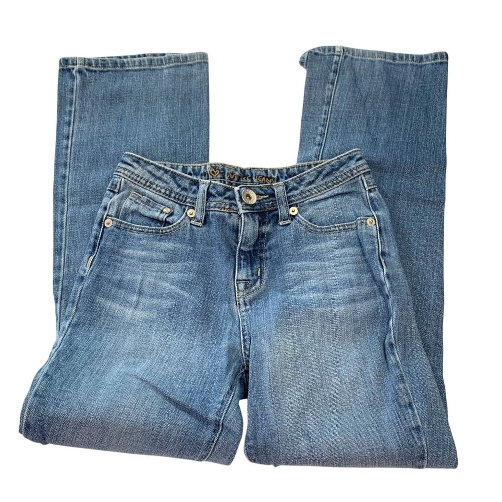 Y2K Vingtage Justice Jeans GIrls Size 10 Slim Blue Jeans Denim Flare Leg Whisker